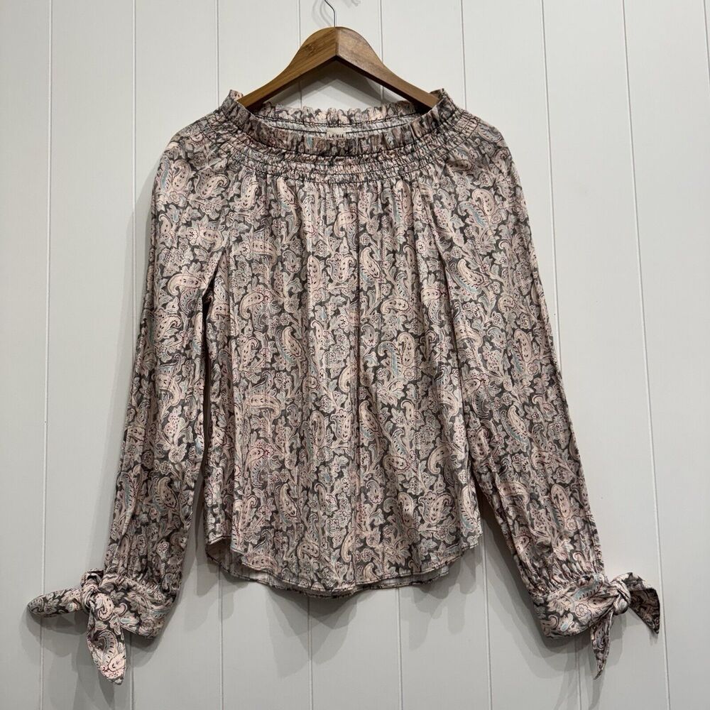 Rebecca Taylor La Vie  Smocked Neck Paisley Floral Cotton Blouse Top Size Small